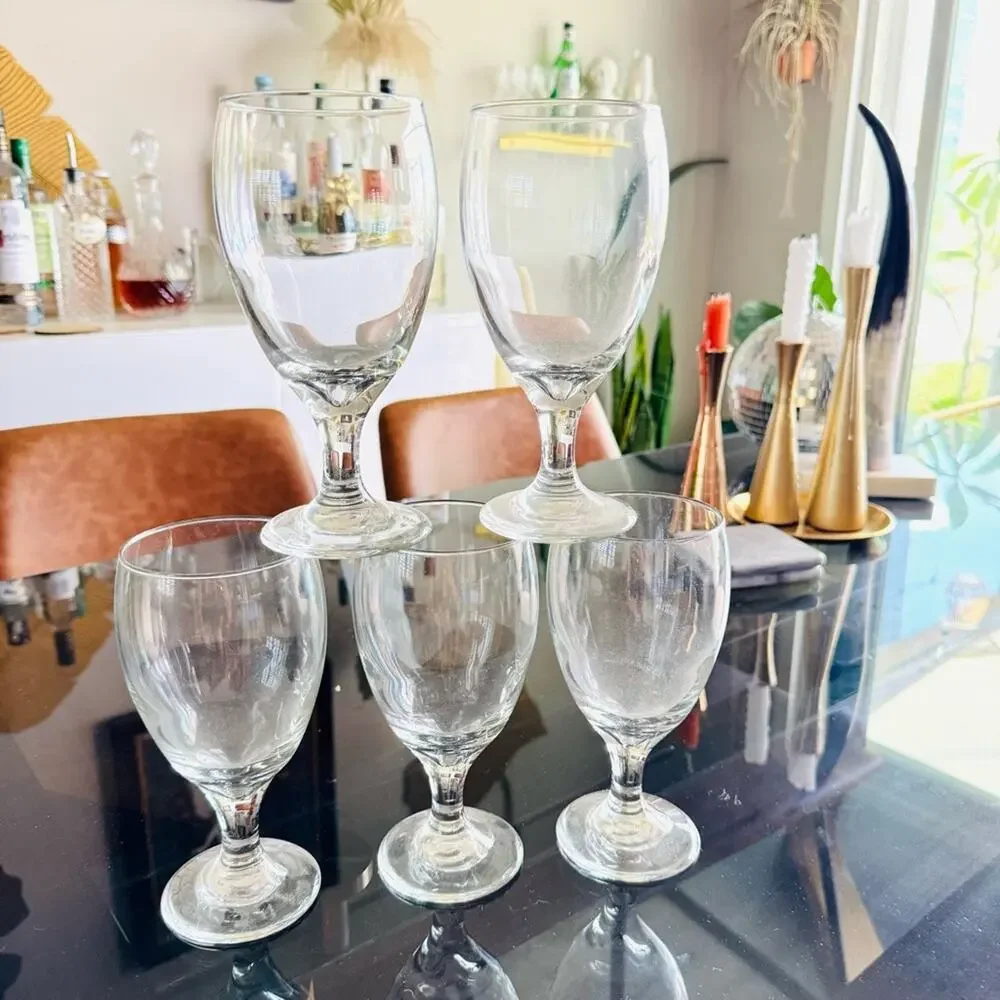 VINTAGE Clear Water Wine Heavy Thick Glass Goblet Stem Drink Ware Glasses Set 5